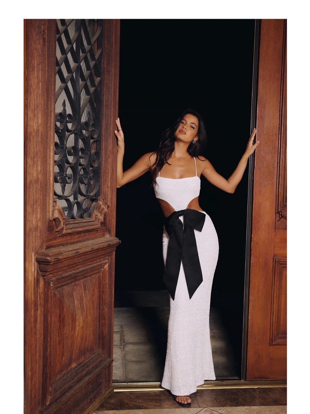 Hello Molly White Sequin Cutout Gown with Black Bow